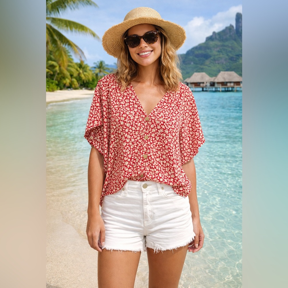 Red Floral V-Neck Button Front Blouse